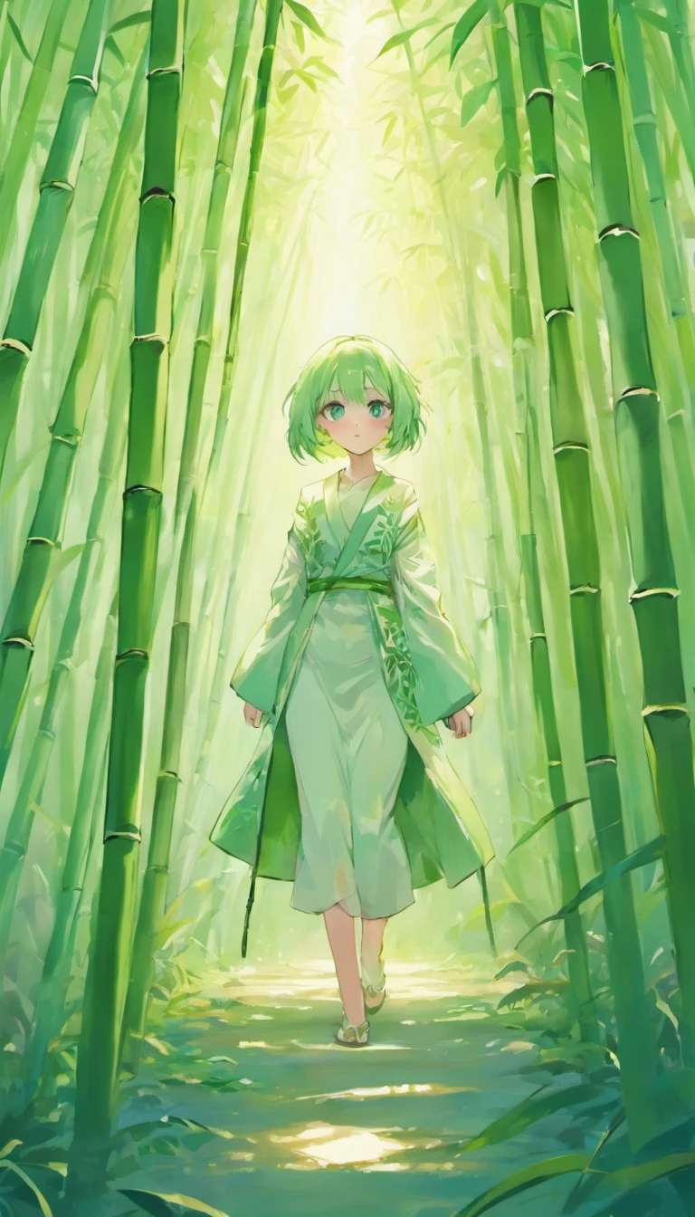 wallpaper and hd set of 3 beautiful bamboo trees for desktop background, in the style of dreamy watercolor scenes, anime art, light silver and light emerald, anime aesthetic, translucent color, rough-edged 2d animation, flat shading