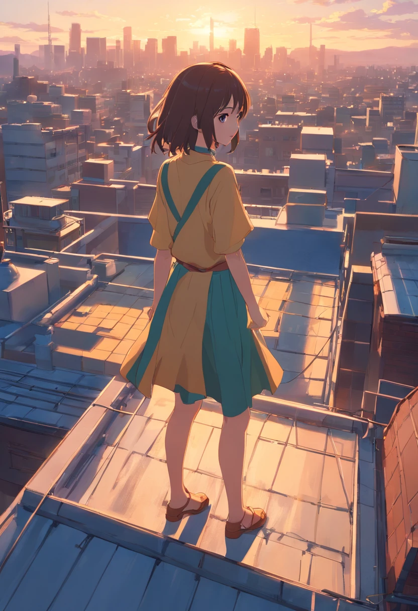 A woman stands on the rooftop,Full body photo,vred