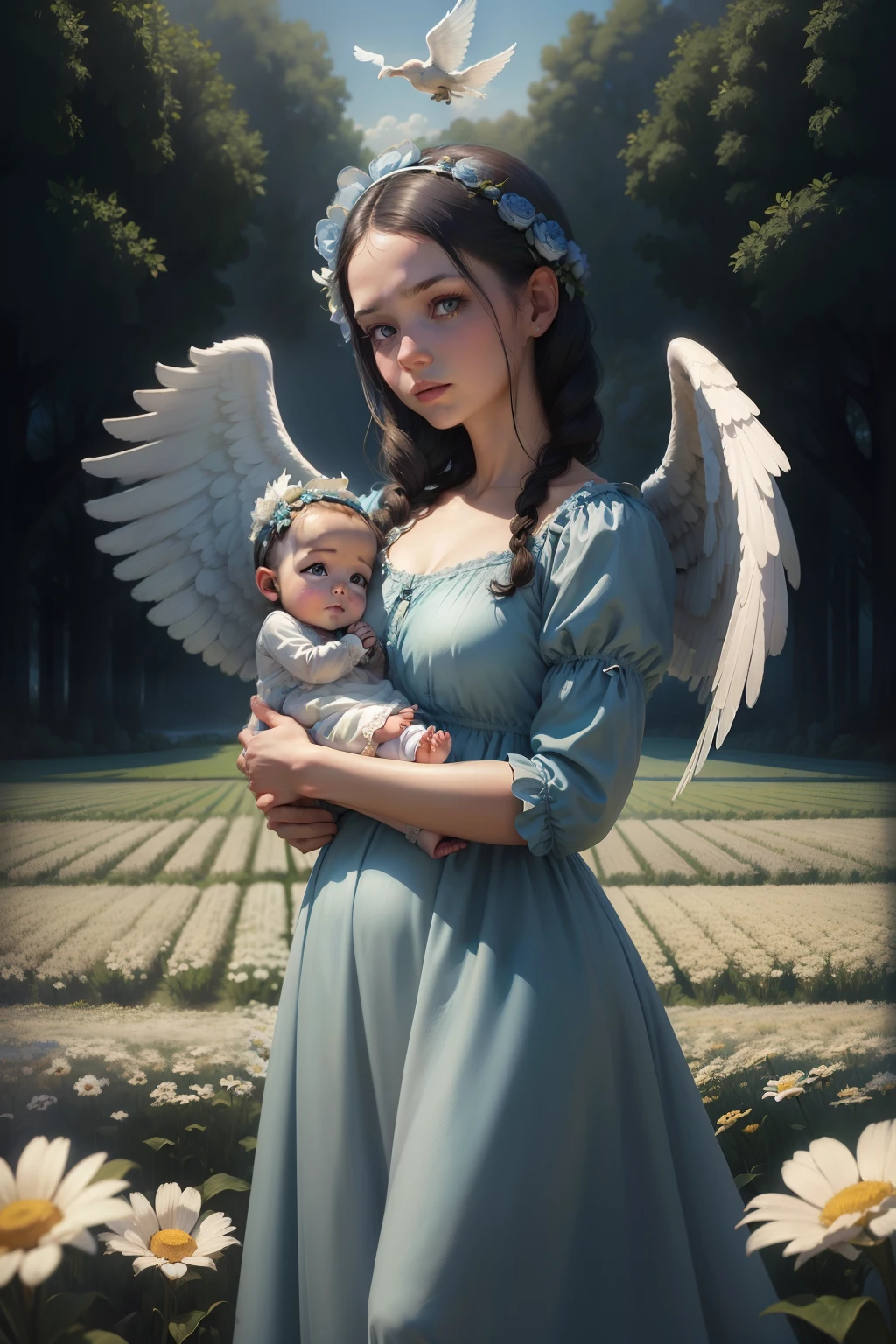 A woman with white angel wings, in a long blue dress, holding a , background is a farmer’s field, mood is progressive, appreciative, nurturing, nourishing, daytime light, character design, art by Mark Ryden, Greg Simkins, Jason Limon, Dan Quintana.