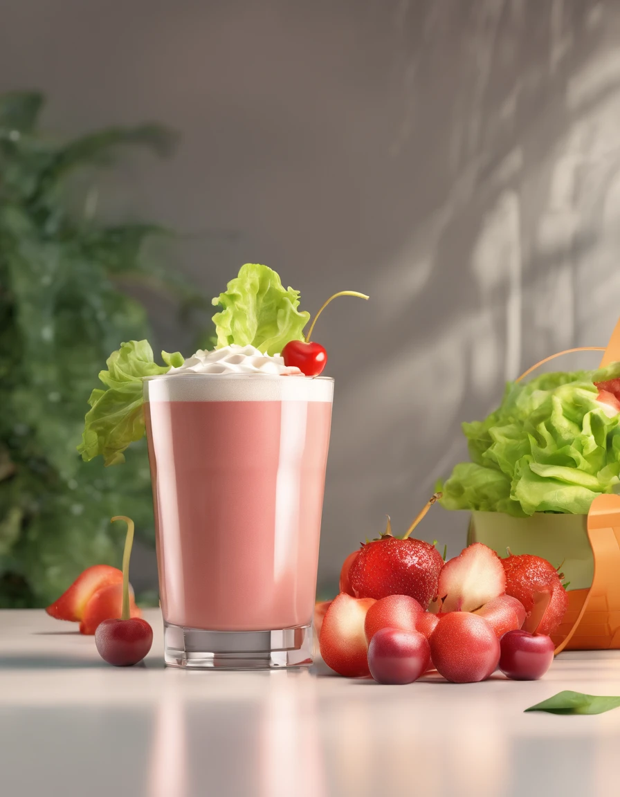 advertising photograph，(((Screen transparency)))，tasty，lettuce，cherrie，latte，morango，Exquisitely，tmasterpiece，cinematric light，hyper HD