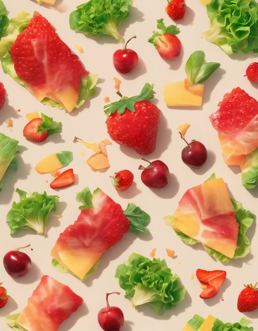 advertising photograph,(((Screen transparency))),tasty,lettuce,cherrie,latte,morango,Exquisitely,tmasterpiece,cinematric light,hyper HD
