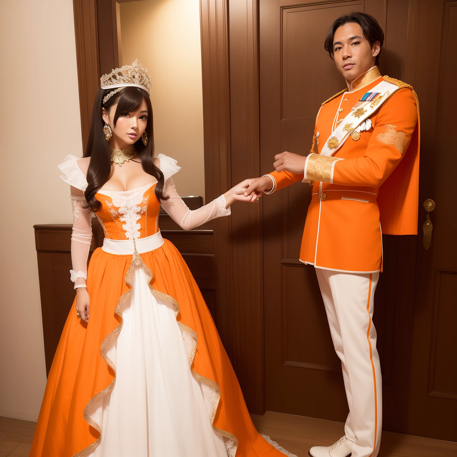 Model Chill-outMix Asian brunette, Milf , with face and body, like Charlie Atwell , Dressed in an orange princess dress , Holding a guy's hand , dressed in a white prince costume , They stand at full height , Her shoes are visible , His boots are visible , Beautiful orange dress , Beautiful white suit , Front light.