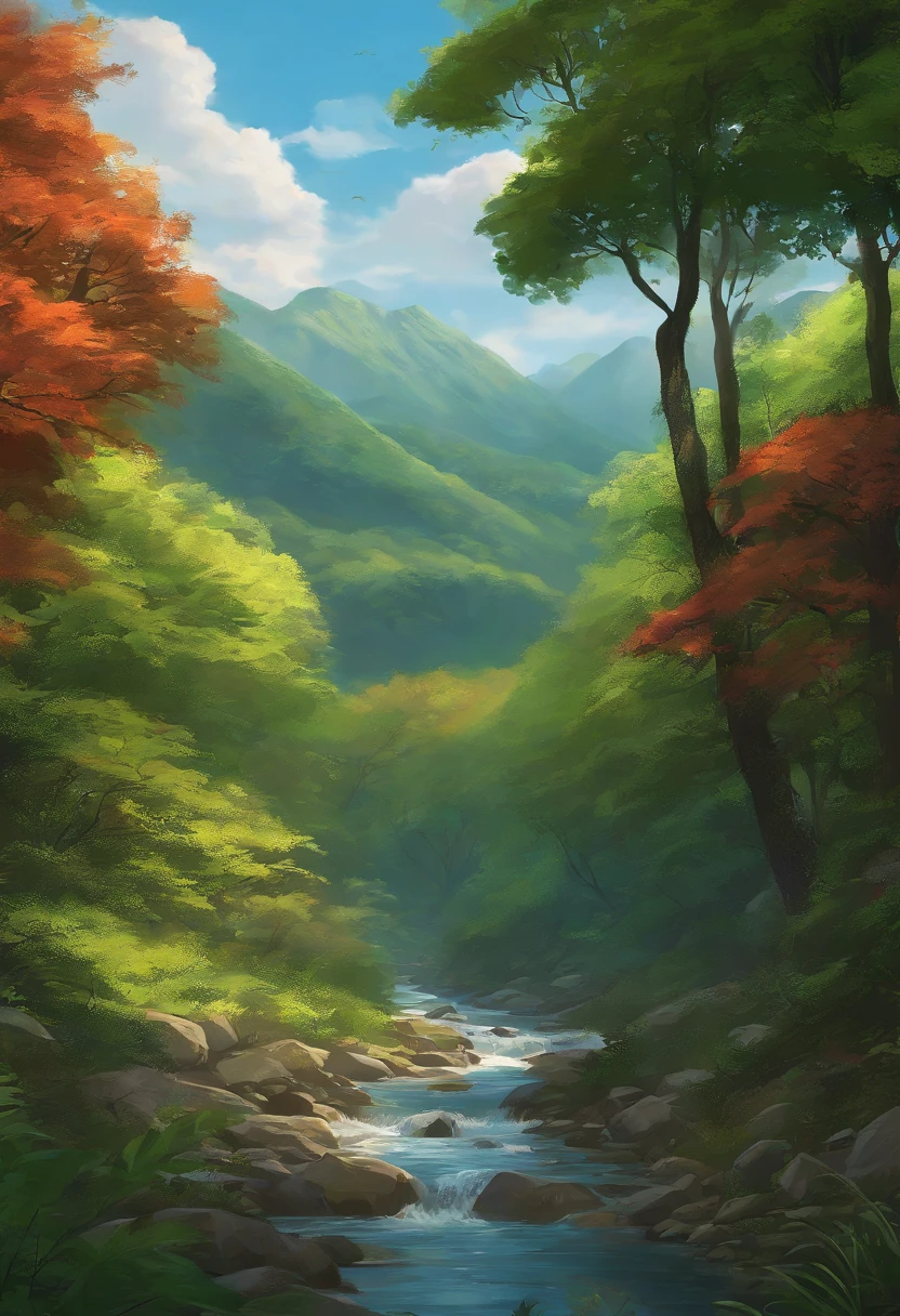 The tree々Painting of a stream flowing through a lush forest, detailed painting 4 k, mountains river trees, anime landscape wallpapers, beautiful art uhd 4 k, anime countryside landscape, detailed scenery —width 672, beautiful digital painting, 4K highly detailed digital art, Beautiful anime scenery, 8k high quality detailed art, anime nature wallpap, anime nature