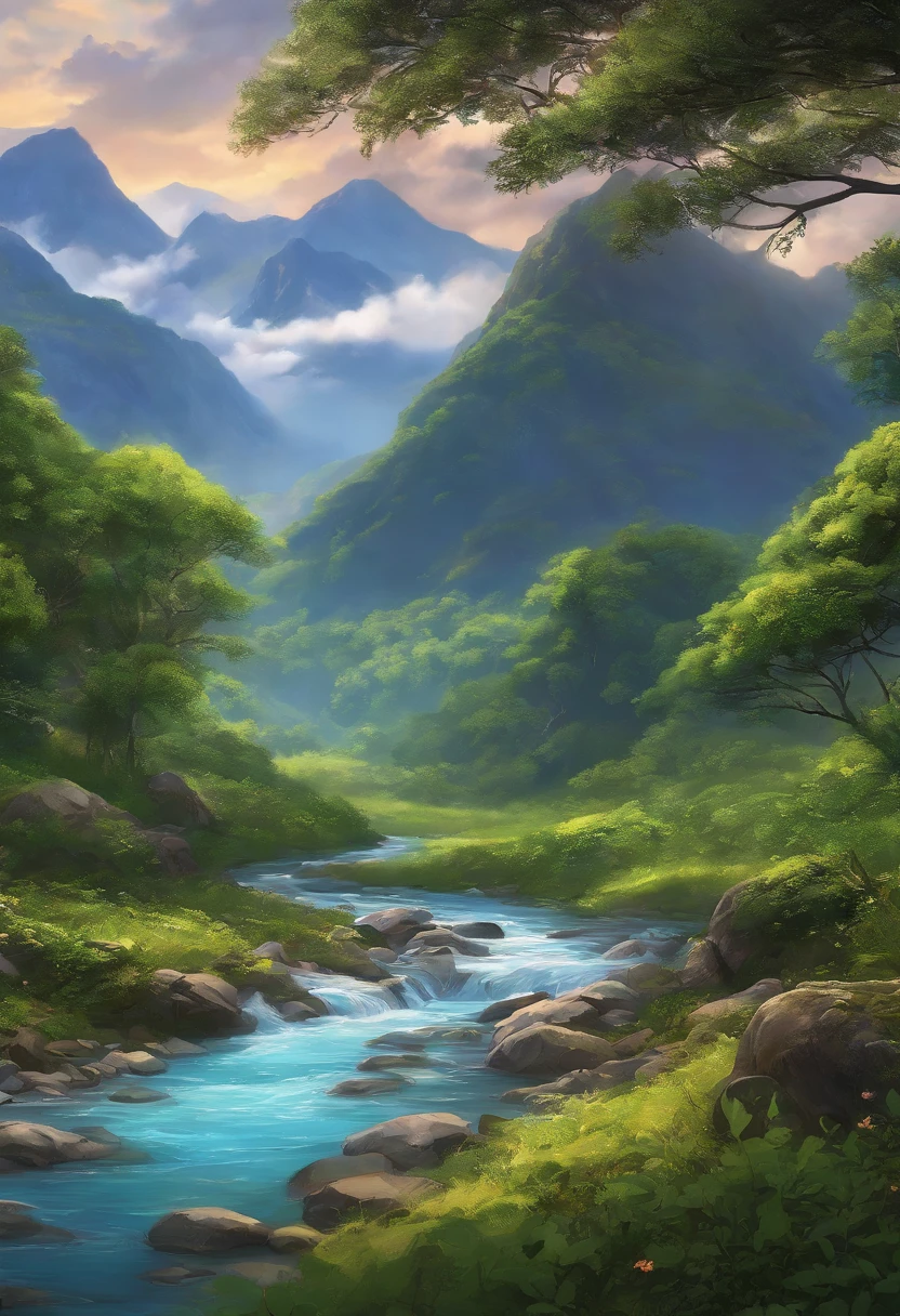 The tree々Painting of a stream flowing through a lush forest, detailed painting 4 k, mountains river trees, anime landscape wallpapers, beautiful art uhd 4 k, anime countryside landscape, detailed scenery —width 672, beautiful digital painting, 4K highly detailed digital art, Beautiful anime scenery, 8k high quality detailed art, anime nature wallpap, anime nature