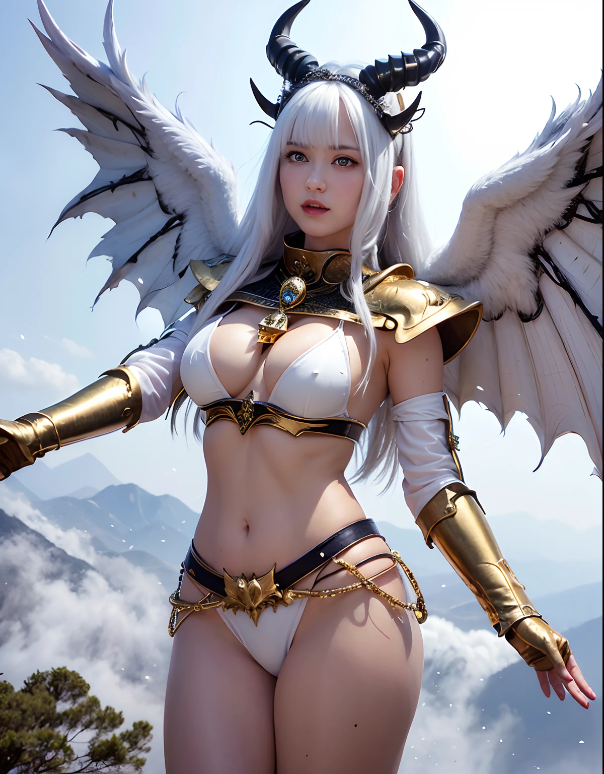 Professional , ​masterpiece、top-quality、photos realistic , depth of fields 、（White bikini armor)、（Particles of light）、Jewel Gold Weapon、Particles of light),Gorgeous gold weapons ,（（ Gorgeous Dragon Sword）） , （White angel wings grow）,（maikurobikini） 、（（White hair））、（Castle background）、（demonic wings）、（（Gangle's forest background））、Beautiful Caucasian beauty、１a person、dynamic ungle,(((Two devil's horns on the head)))、Smaller head、Idle Smile、Thin and beautiful female hands、Mystical expression、Light Effects、intense fighting、Wind-effect、magic circles、With the legendary magic wand、Dragon's tail、