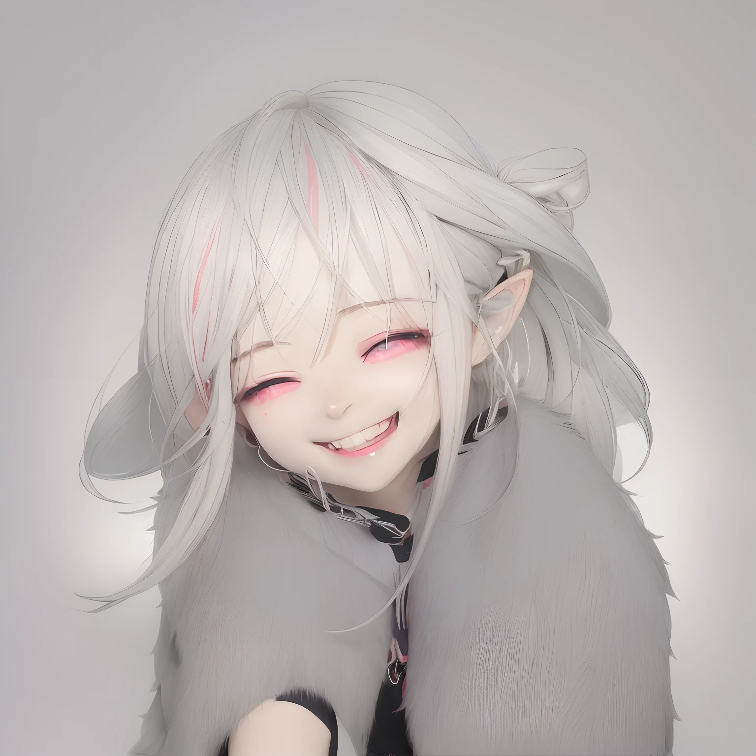 anime girl with white hair and black jacket smiling, relaxed dwarf with white hair, [[[[grinning evily]]]], gray haired, silver hair girl, a silver haired mad, grinning lasciviously, silver haired, white haired, portrait of ((mischievous)), he has dark grey hairs, girl silver hair, cunning smile