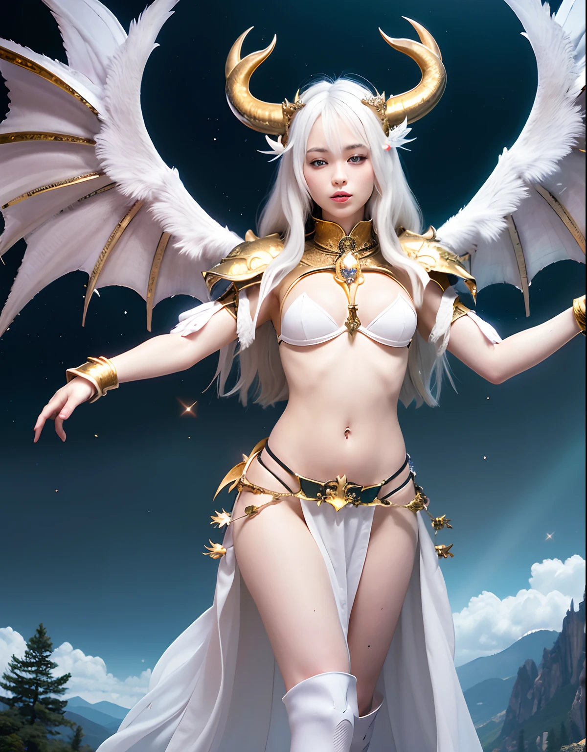 Professional , masterpiece、top-quality、photos realistic , depth of fields 、(White bikini armor)、(Particles of light)、Jewel Gold Weapon、Particles of light),Gorgeous gold weapons ,(( Gorgeous Dragon Sword)) , (White angel wings grow),(maikurobikini) 、((White hair))、(Castle background)、(demonic wings)、((Gangle's forest background))、Beautiful Caucasian beauty、1a person、dynamic ungle,(((Two devil's horns on the head)))、Smaller head、Idle Smile、Thin and beautiful female hands、Mystical expression、Light Effects、intense fighting、Wind-effect、magic circles、With the legendary magic wand、Dragon's tail、