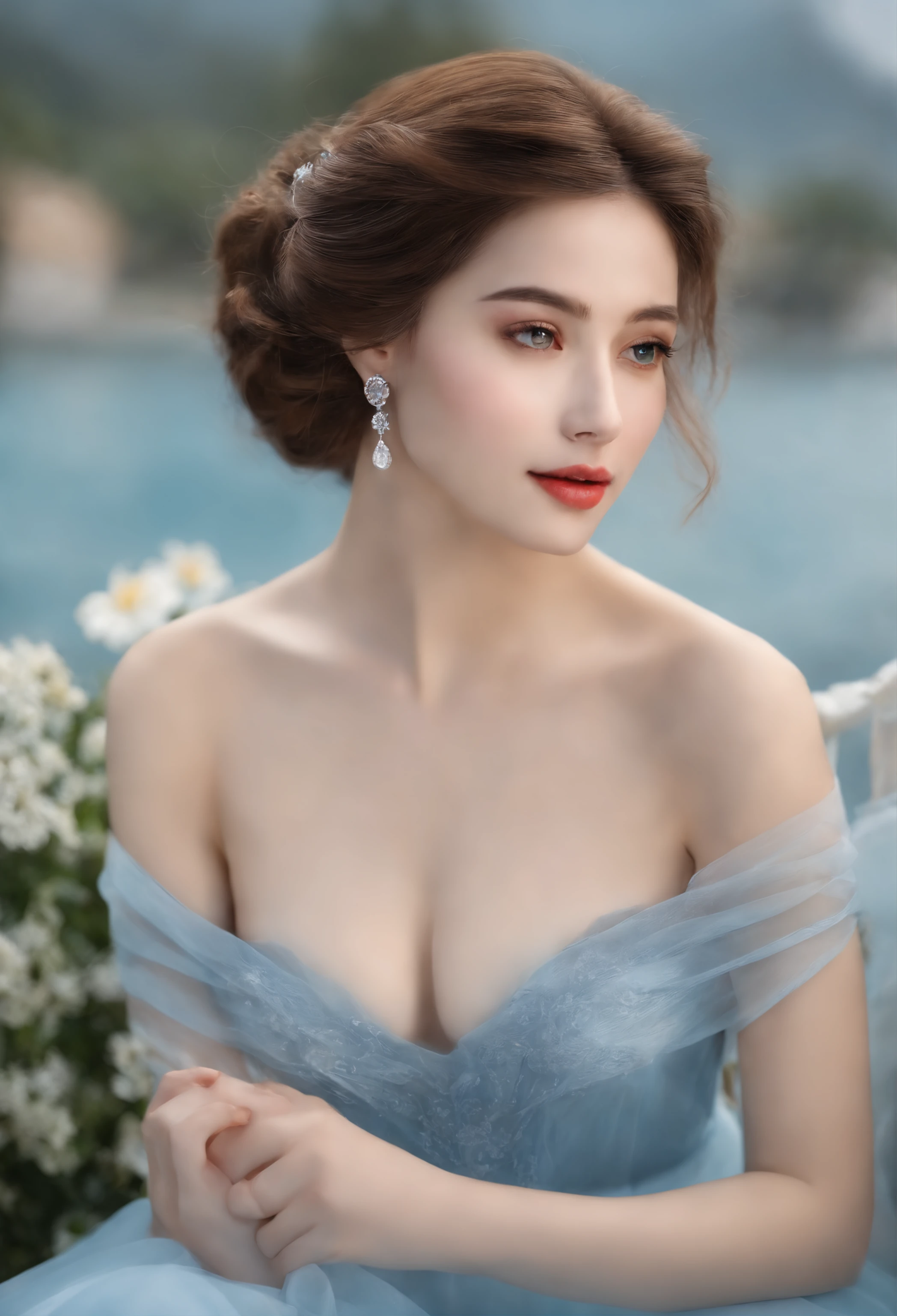 Ultra photo realsisim,Light blue thin long dress,poster for,Hyper-realistic,Hyper Real,Gaze at an 18-year-old girl in the distance,cabellos largos dorados,Sapphire eyes,Delicate facial features1.3,Delicate fingers,Eyes full of hope,ssmile,(Sunshine 1.5)Super light and shadow,Aurora chase,(Delicate skin1.5),Photorealistic photos,closeup cleavage,(Upper body close-up 1.3)(Light blue flower sea background)(Gentle lighting)(Side face 45 degree angle 1.5)