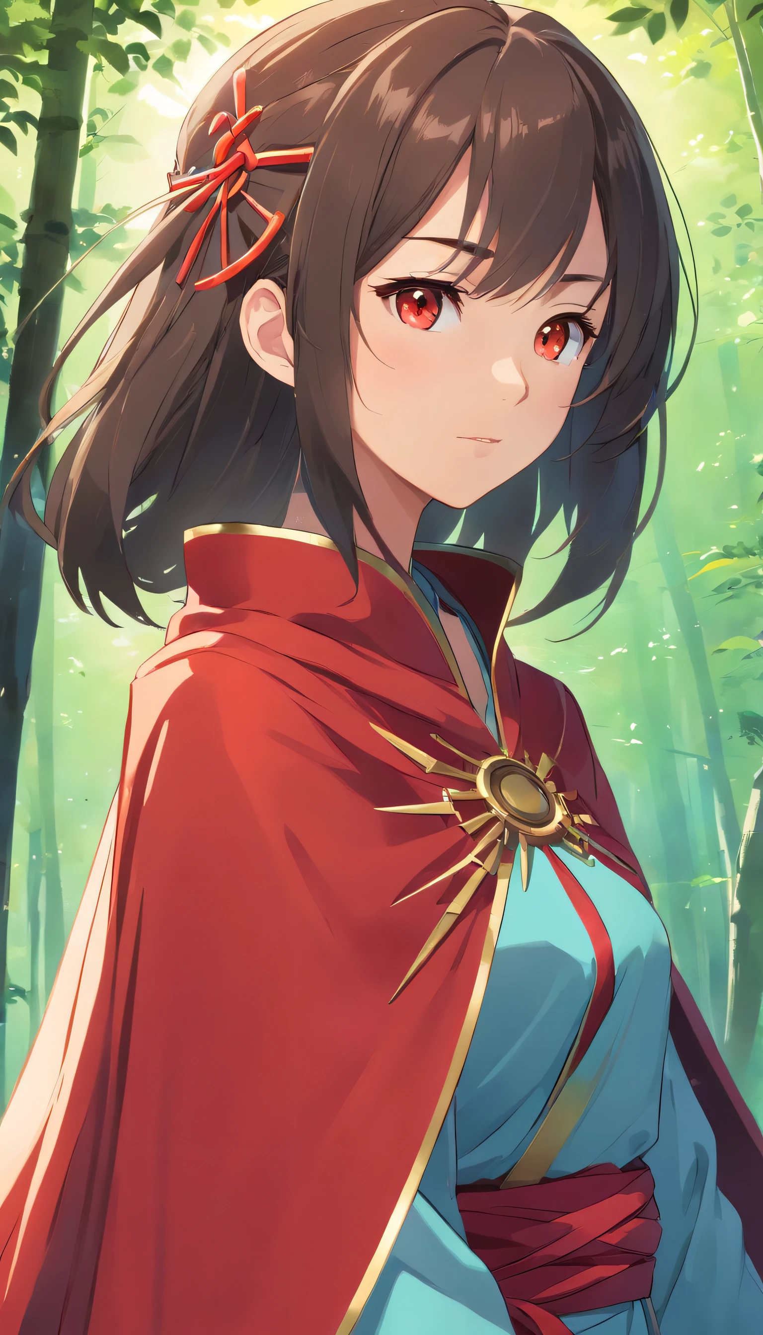 A woman who is，Young girl wearing Chinese Shang dynasty armor and red cape，Spider web elements，beauitful face，Delicate makeup，shining brightly，Long black hair，Bright eyes，8K，Ultra-clear，infinite details，style of anime，High-quality graphics，looking at the distance，Slim，the woods