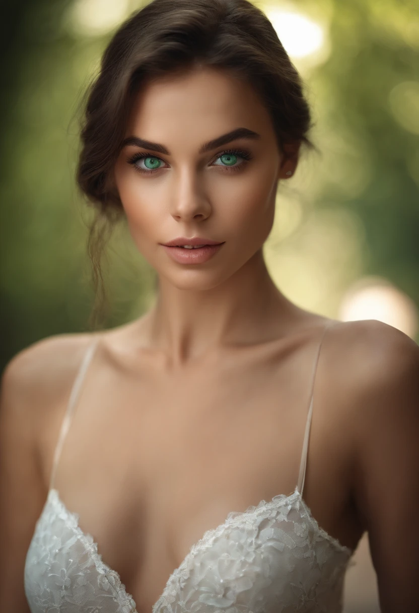 Best Quality Score, Foto von-realistisch, 4K, Beautiful brunette girl, NSFW, green eyes, Perfect and Beautiful Face, smallunderboob, mit heller Haut,: