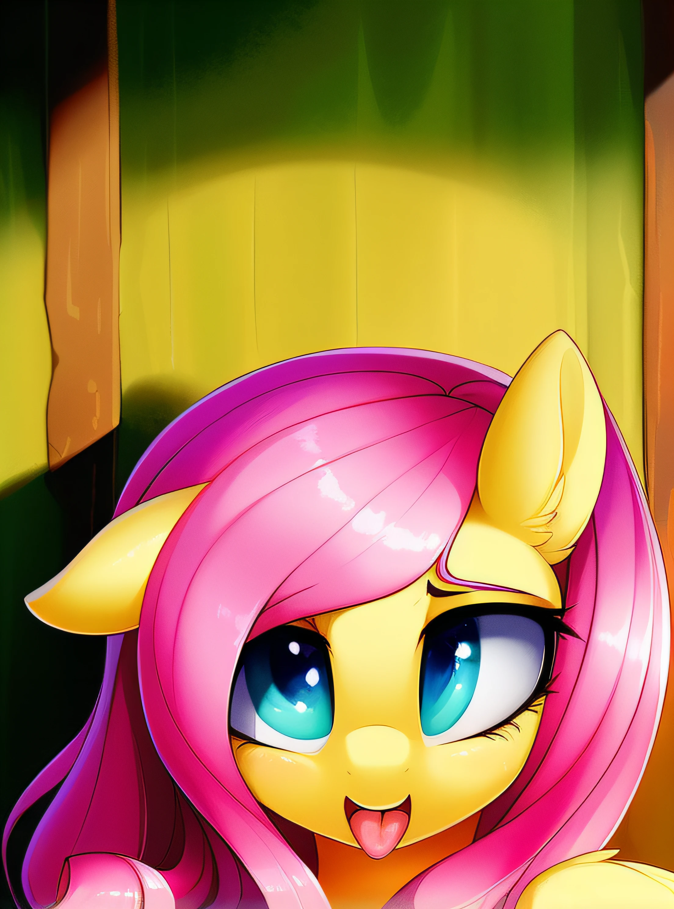 ((derpibooru_p_95)), fluttershy, solo, anthro,((best quality)), ((highly detailed)), masterpiece, (detailed eyes, deep eyes), (1girl), dynamic angle, cowboy shot, mlpfluttershy, pink hair, hair ornament, blue eyes, slight smile, yellow fur, anthro, mlp furry, nsfw, ecchi, medium breasts, lewd tongue