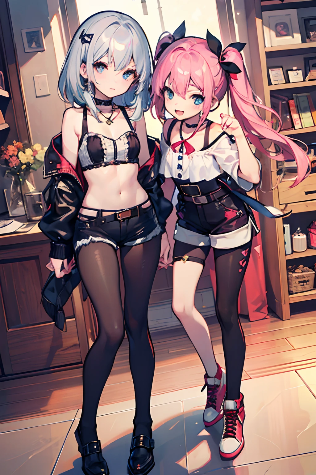 ,twins, Masterpiece,Best quality,offcial art,Extremely detailed Cg Unity 8K wallpaper, 2girls, cute female ,  hair adornments, Short shorts, Crop top, ribbon_choker necklace, leg belt,Pantyhose