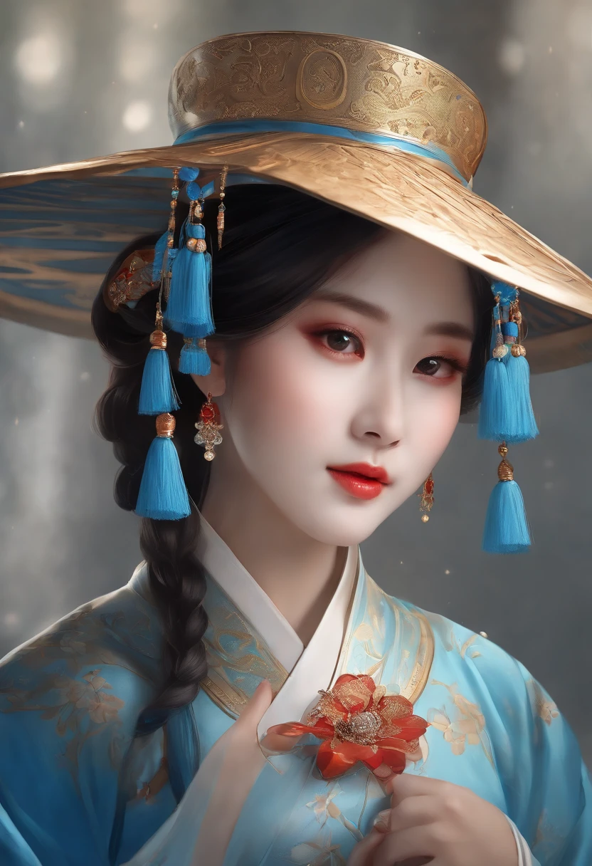 Draw a woman wearing a blue hat with blue tassels, A girl in Hanfu, Guviz, Guviz-style artwork, Traditional beauty, Beautiful character painting,, author：Qu Leilei, inspired by Qian Gu, Chinese girl, ancient china art style, Princesa chinesa antiga