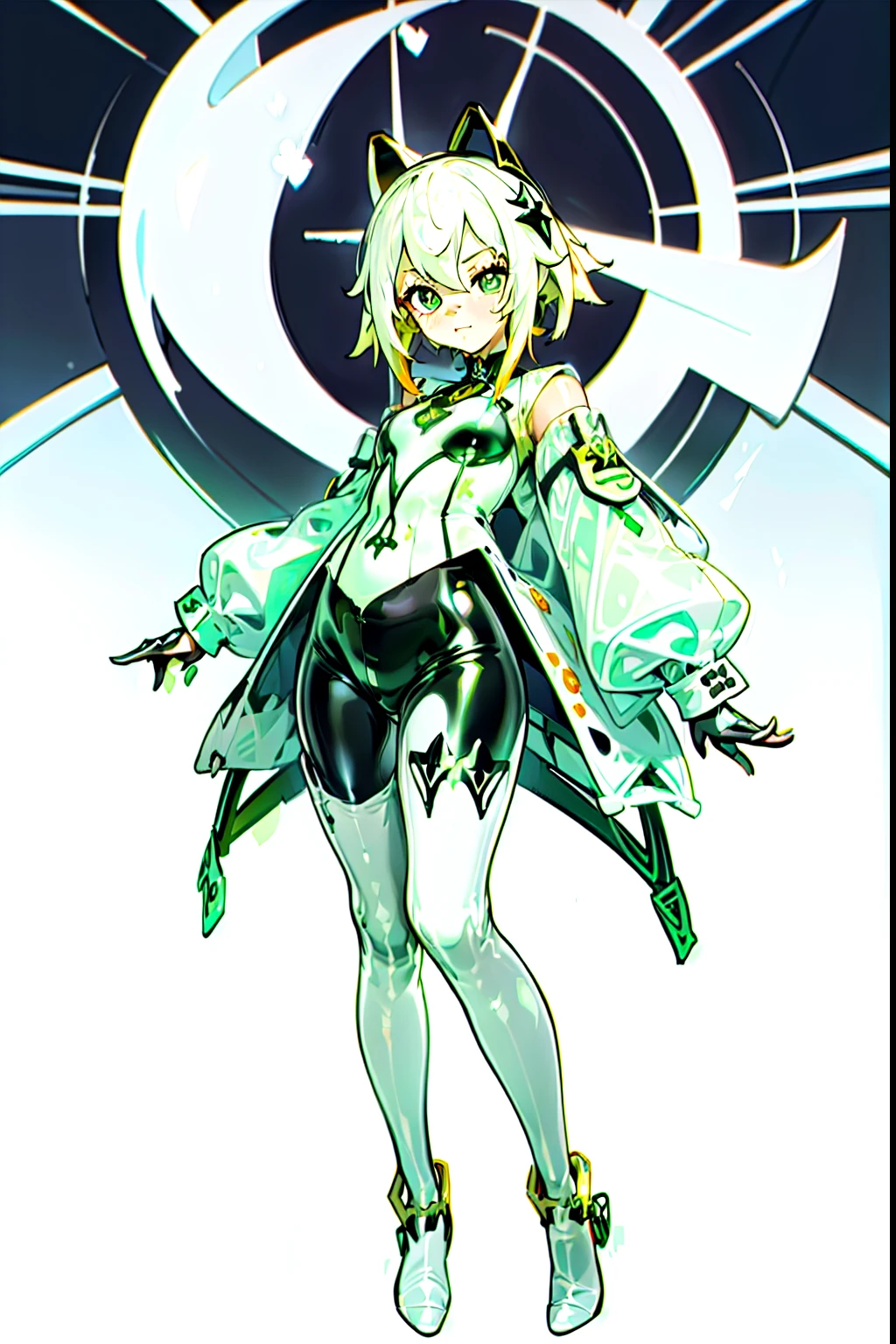 tmasterpiece，Best quality at best，1girl，独奏，nahida_genshin，cross-shaped pupils，default_dress，standing on your feet,(White latex one-piece tights:1.4), (Full body shot:1.1,long black gloves，Jumpsuits，White latex coat,onesie