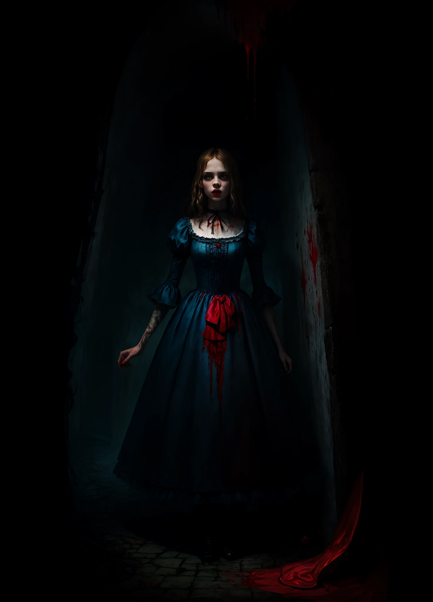 A young beautiful woman, trapped in a haunted Victorian mansion, must navigate a labyrinth of blood-soaked corridors while being hunted by a vengeful spectral entity. Her only weapon is a rusty, antique key, which she believes holds the secret to breaking the curse and escaping the house alive. blood marks on face and crying