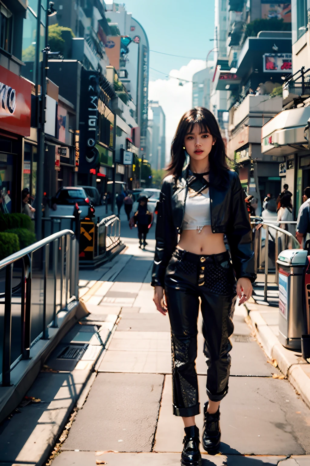 a woman standing on a city street holding a cell phone, posing in an urban street, standing in street, standing in a city street, standing in the street, in a street, masayoshi suto and artgerm, ig model | artgerm, british street background, on a street, standing on the street, holding a leather purse, 4k fashion shoot