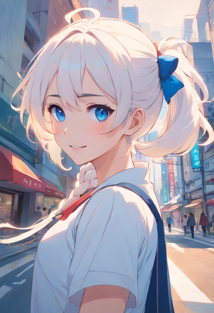 White color hair,Double ponytail curls,blue color eyes,White Lolita,Beth,Bustling city streets, exaggerated smiles, empty eyes, blood on the face