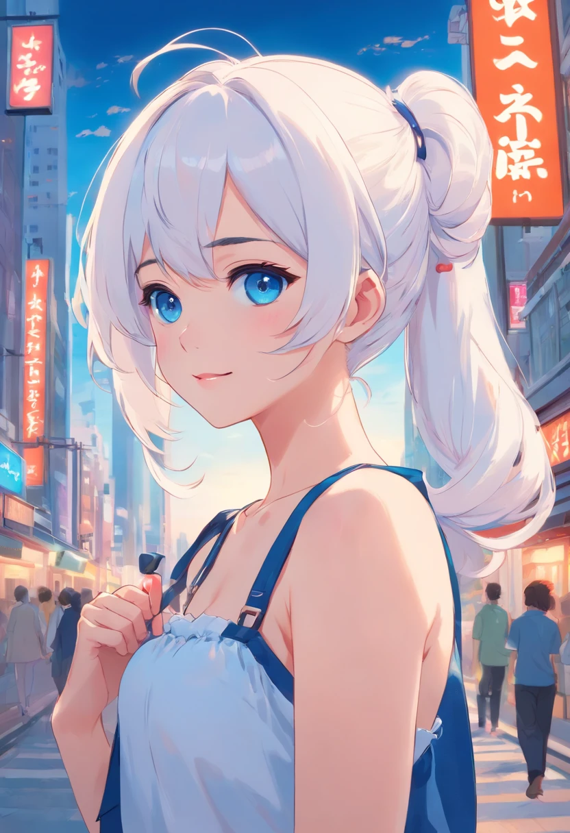 White color hair,Double ponytail curls,blue color eyes,White Lolita,Beth,Bustling city streets, exaggerated smiles, empty eyes, blood on the face