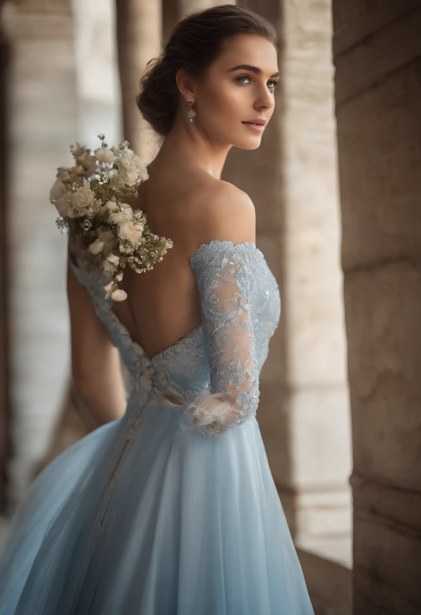 Ultra photo realsisim,Light blue thin long dress,poster for,Hyper-realistic,Hyper Real,Gaze at an 18-year-old girl in the distance,cabellos largos dorados,Sapphire eyes,Delicate facial features1.3,(Delicate fingers 1.3),The eyes are hopeful,ssmile,(Young and immature1.5)(Sunshine 1.5)Super light and shadow,Extreme light chasing,(Delicate skin1.5),Photorealistic photos,closeup cleavage,(Upper body close-up 1.3)(Light blue and white flower sea background)(Gentle lighting)(Side face 45 degree angle 1.5)(Delicate facial features 1.5)(Delicate eyes 1.5)(Ultra-clear eyeballs1.5)(Extreme Backlight 1.2)Super textured(White skin1.2)