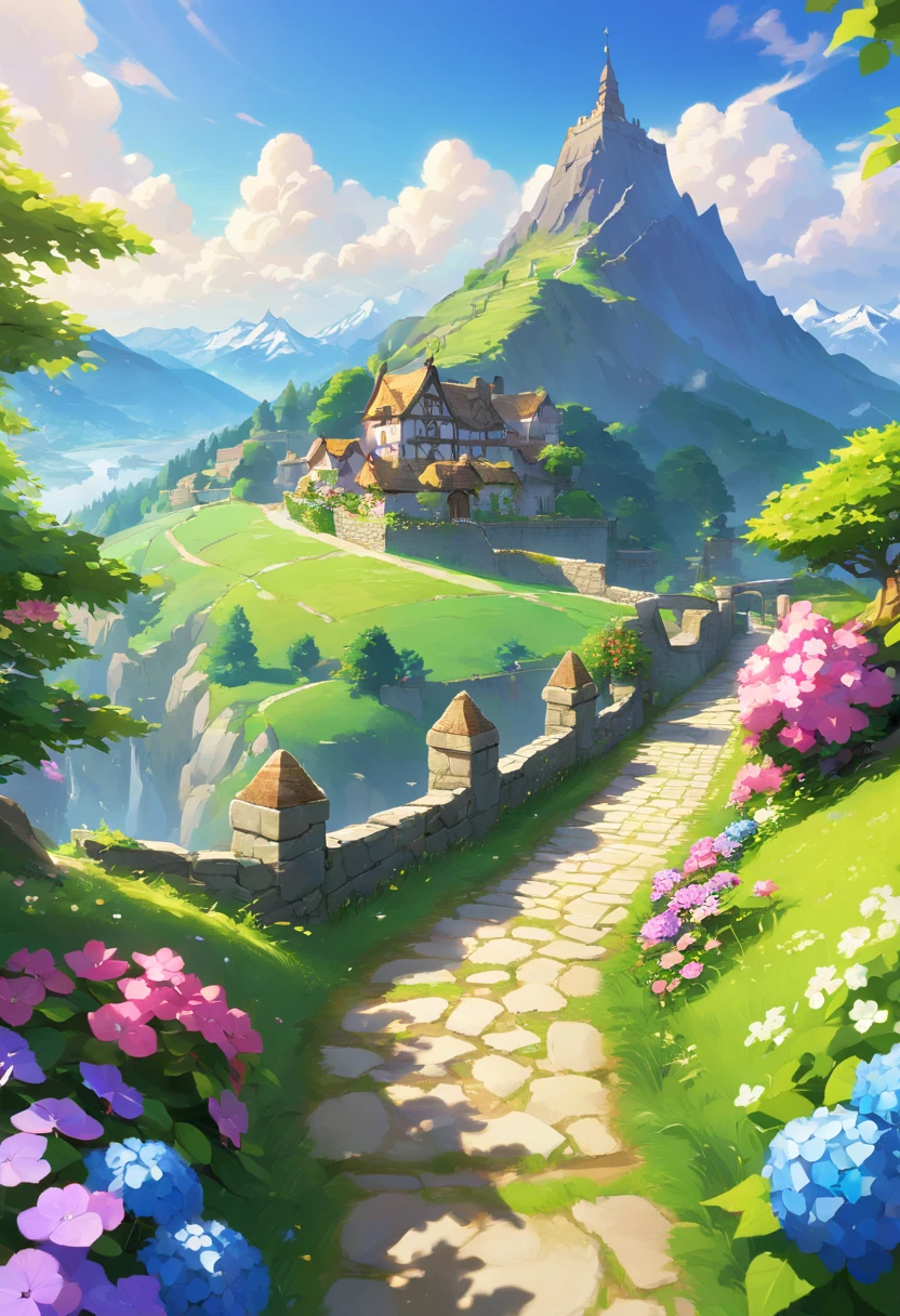(ultra high res,photorealistic,best quality,photo-realistic),(8k,raw photo,best quality,masterplece),(photon mapping,radiosity,physically-based rendering,automatic white balance),real person,photograph,bridge, building, bush, city, cloud, day, door, fence, field,orest, garden, grass, house, hydrangea, mountain, nature, no_humans, outdoors, path, plant, potted_plant, purple_flower, road, scenery, sky, skyscraper, traditional_media, tree,