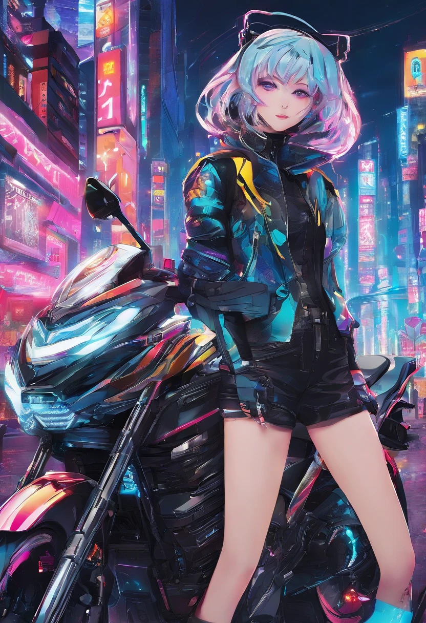 masterpiece, best quality, Confident cyberpunk girl, full body shot, ((standing in front of motorcycle)), Harajuku-inspired pop outfit, bold colors and patterns, eye-catching accessories, trendy and innovative hairstyle, vibrant makeup, Cyberpunk dazzling cityscape, skyscrapers, neon signs, LED lights, bright and vivid color scheme, anime, illustration, detailed skin texture, detailed cloth texture, beautiful detailed face, intricate details, ultra detailed.