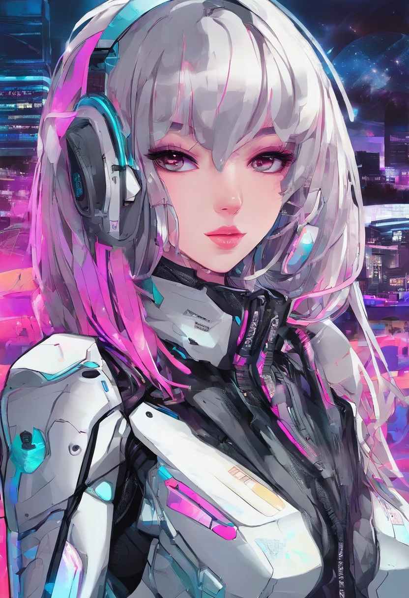 masterpiece, best quality, Confident cyberpunk girl, full body shot, ((standing in front of motorcycle)), Harajuku-inspired pop outfit, bold colors and patterns, eye-catching accessories, trendy and innovative hairstyle, vibrant makeup, Cyberpunk dazzling cityscape, skyscrapers, neon signs, LED lights, bright and vivid color scheme, anime, illustration, detailed skin texture, detailed cloth texture, beautiful detailed face, intricate details, ultra detailed.
