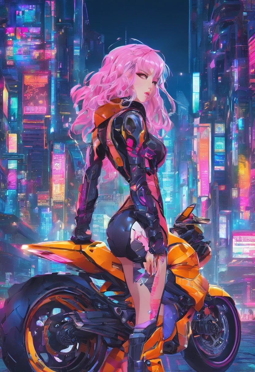 masterpiece, best quality, Confident cyberpunk girl, full body shot, ((standing in front of motorcycle)), Harajuku-inspired pop outfit, bold colors and patterns, eye-catching accessories, trendy and innovative hairstyle, vibrant makeup, Cyberpunk dazzling cityscape, skyscrapers, neon signs, LED lights, bright and vivid color scheme, anime, illustration, detailed skin texture, detailed cloth texture, beautiful detailed face, intricate details, ultra detailed.