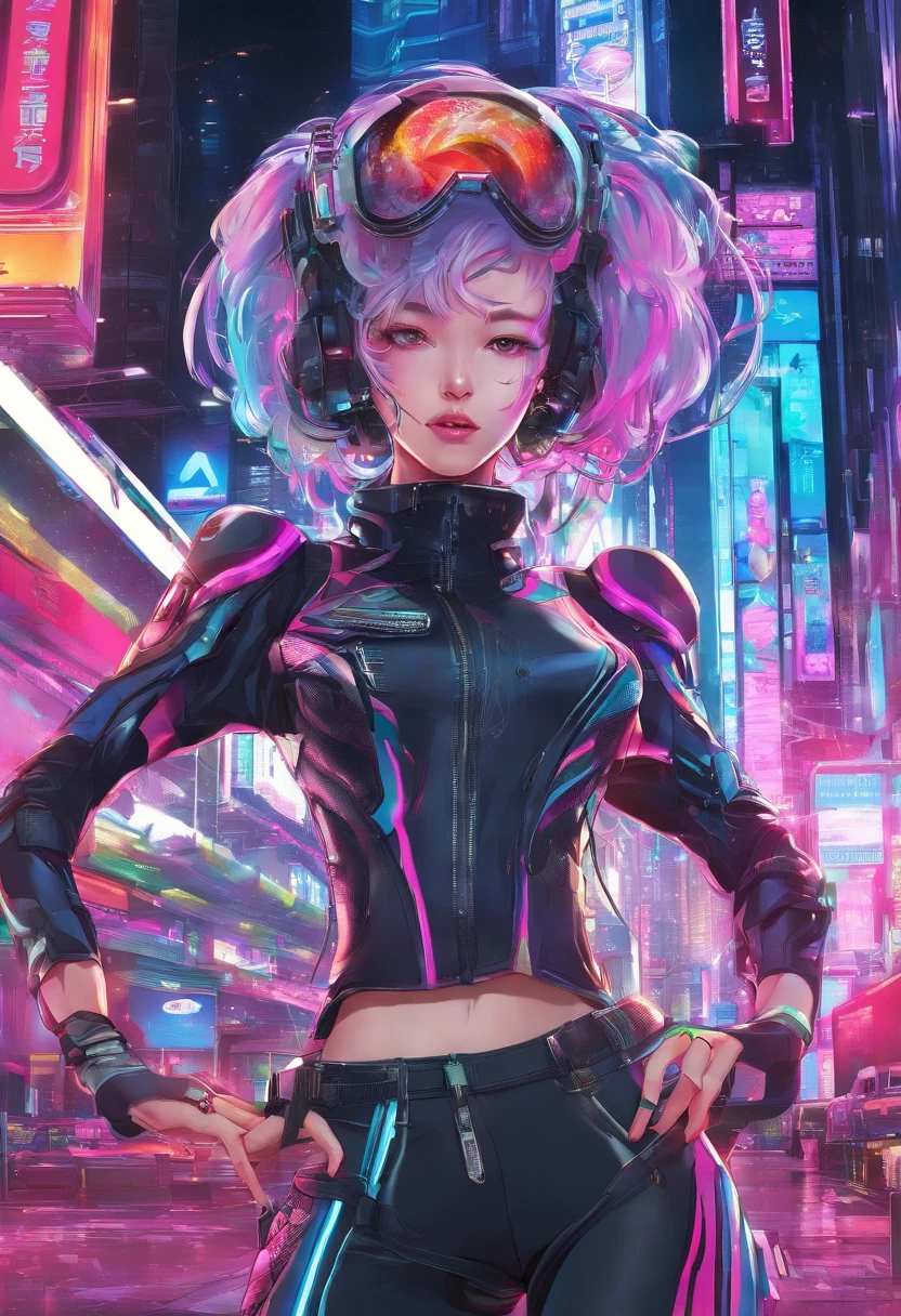 masterpiece, best quality, Confident cyberpunk girl, full body shot, ((standing in front of motorcycle)), Harajuku-inspired pop outfit, bold colors and patterns, eye-catching accessories, trendy and innovative hairstyle, vibrant makeup, Cyberpunk dazzling cityscape, skyscrapers, neon signs, LED lights, bright and vivid color scheme, anime, illustration, detailed skin texture, detailed cloth texture, beautiful detailed face, intricate details, ultra detailed.