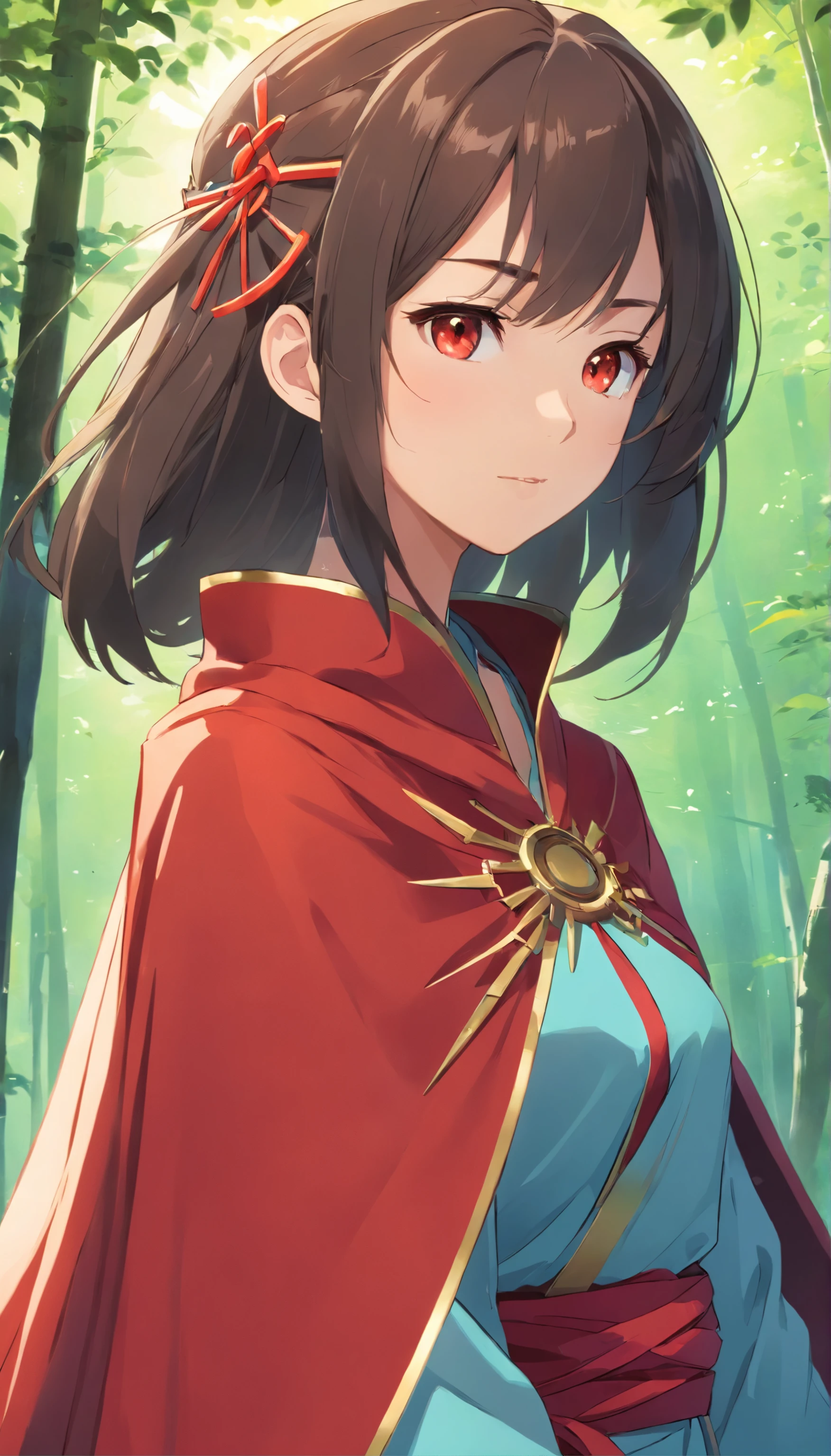 A woman who is,Young girl wearing Chinese Shang dynasty armor and red cape,Spider web elements,beauitful face,Delicate makeup,shining brightly,Long black hair,Bright eyes,8K,Ultra-clear,infinite details,style of anime,High-quality graphics,looking at the distance,Slim,the woods