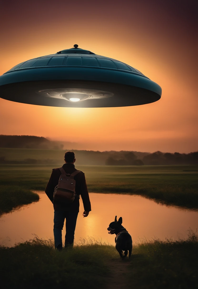 "Imagine a night scene in an open field. A brave photographer walking towards a mysterious landed flying saucer. He holds his camera firmly as his loyal French Bulldog accompanies him on the journey. The light of the moon illuminates the path and creates a magical atmosphere."