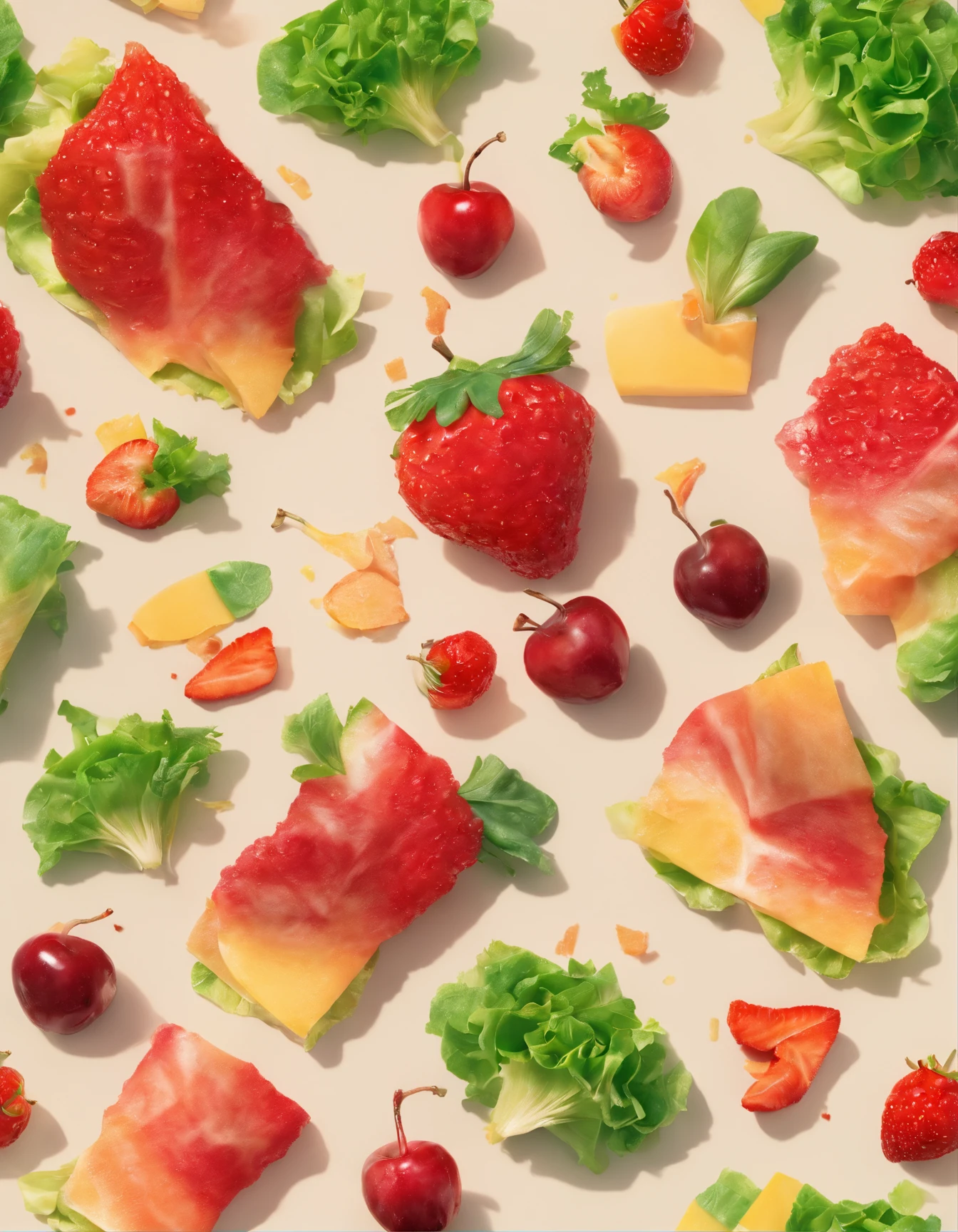 advertising photograph,(((Screen transparency))),tasty,lettuce,cherrie,latte,morango,Exquisitely,tmasterpiece,cinematric light,hyper HD