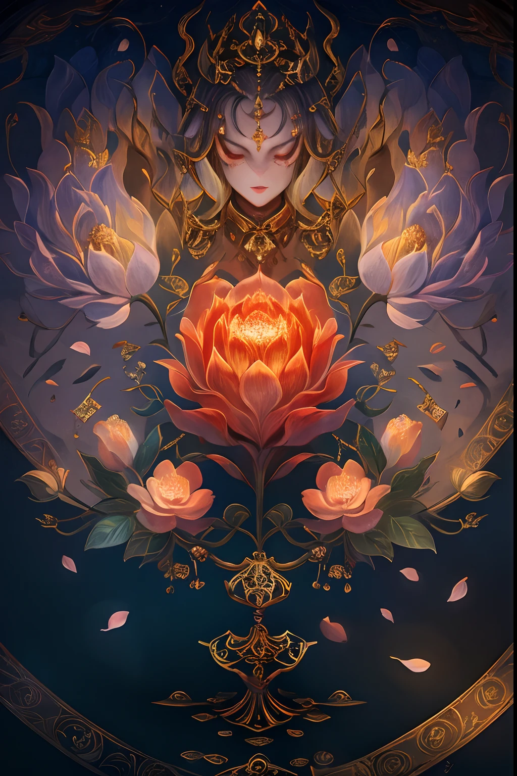 （tarot cards：1.4），Symmetrical up and down，frame，offcial art，rem，Devil's Point，full bodyesbian，Fold your hands，Flowers bloom，（Extremely detailed：1.4），tmasterpiece，super-fine，best qualtiy，8K