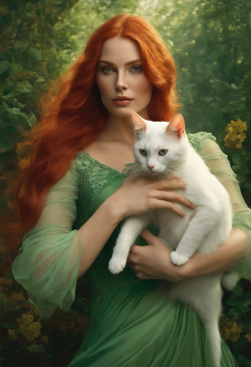 woman with long red hair in a green dress, with a white cat in her arms