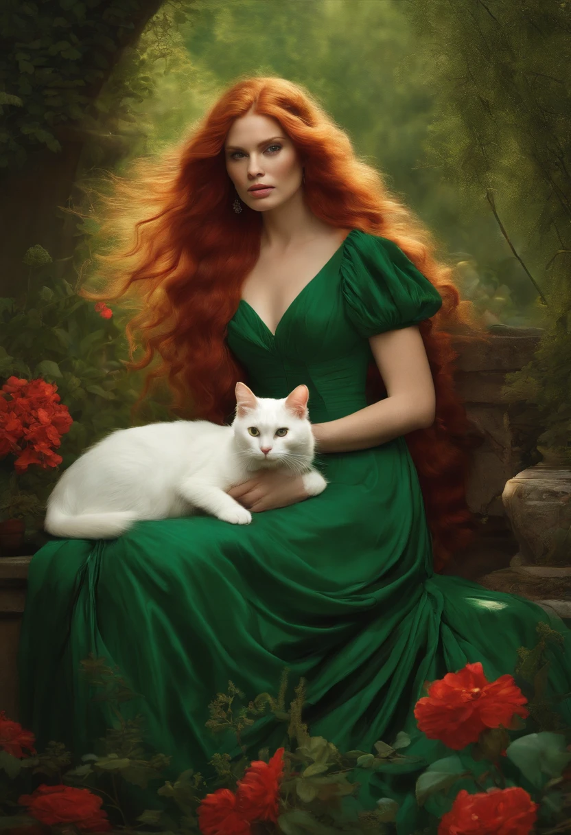 woman with long red hair in a green dress, with a white cat in her arms