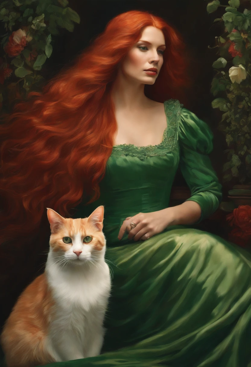 woman with long red hair in a green dress, with a white cat in her arms