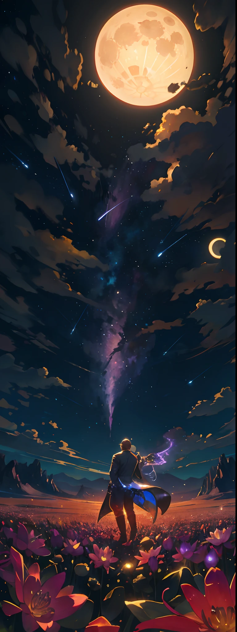 expansive landscape photograph , (a view from below that shows sky above and open field below), a guy, a man man with short hair, a male with short hair, a guy standing on lotus flower field looking up with a katana strapped at his back, katana at his back, sword at his back, flowers are lotus, lotus flowers, fantasy flowers, dynamic fantasy flowers, (full moon:1.2), ( shooting stars:0.9), (nebula:1.3), distant mountain, tree BREAK
production art, (warm light source:1.2), (Firefly:1.2), lamp, lot of purple and orange, intricate details, volumetric lighting, realism BREAK
(masterpiece:1.2), (best quality), 4k, ultra-detailed, (dynamic composition:1.4), highly detailed, colorful details,( iridescent colors:1.2), (glowing lighting, atmospheric lighting), dreamy, magical, (solo:1.2)