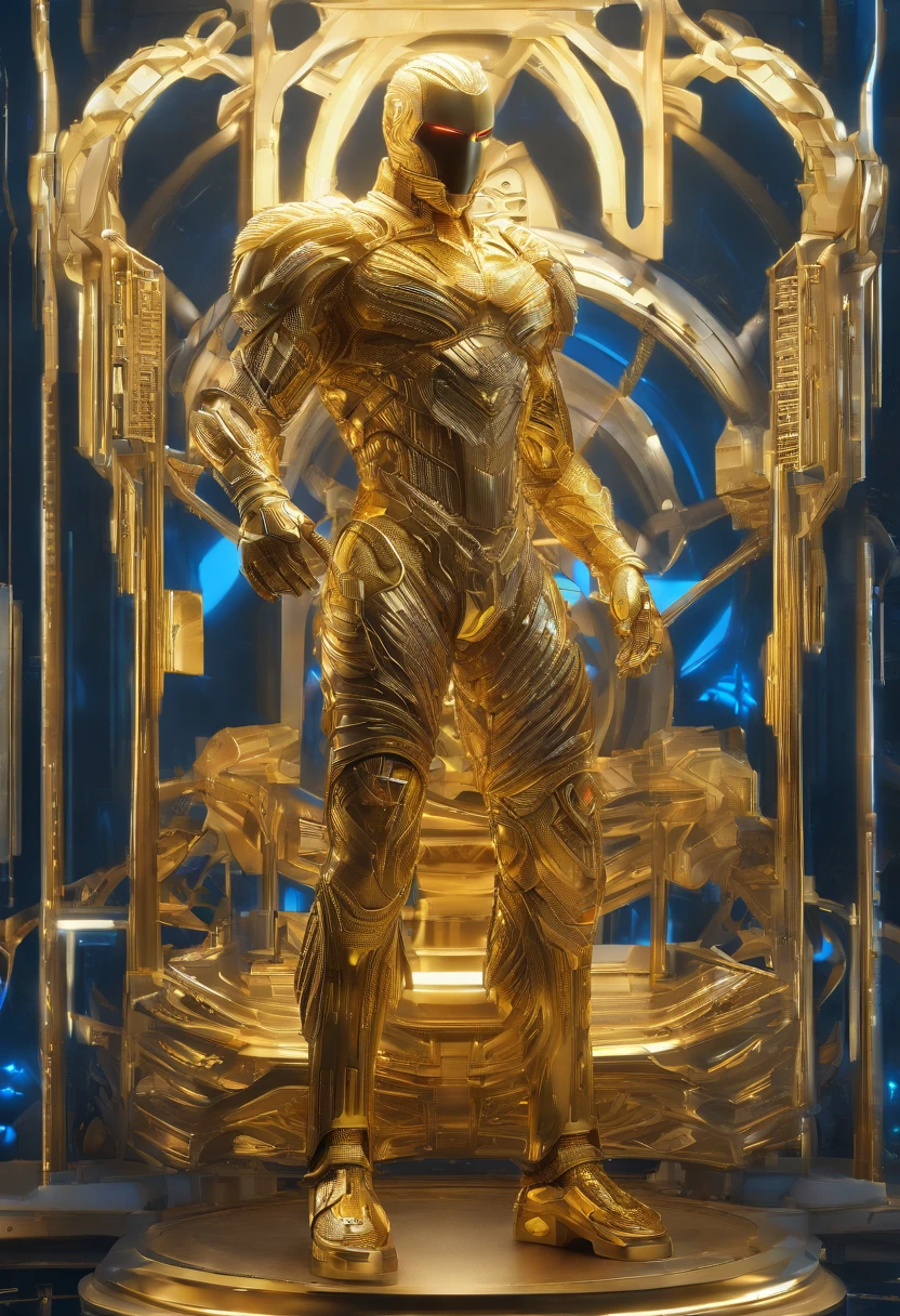 A golden man, with an imposing muscular structure, wearing intricate and gleaming armor, in a digital 3D style, inspired by the artwork of H.R. Giger, on Pixiv, with a highly detailed resolution, in a futuristic and dystopian setting, illuminated by a intense blue light