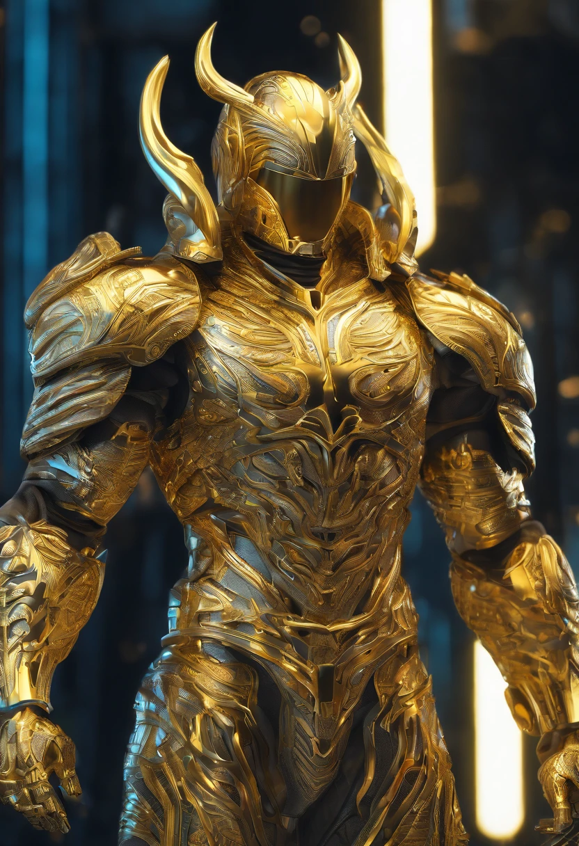 A golden man, with an imposing muscular structure, wearing intricate and gleaming armor, in a digital 3D style, inspired by the artwork of H.R. Giger, on Pixiv, with a highly detailed resolution, in a futuristic and dystopian setting, illuminated by a intense blue light