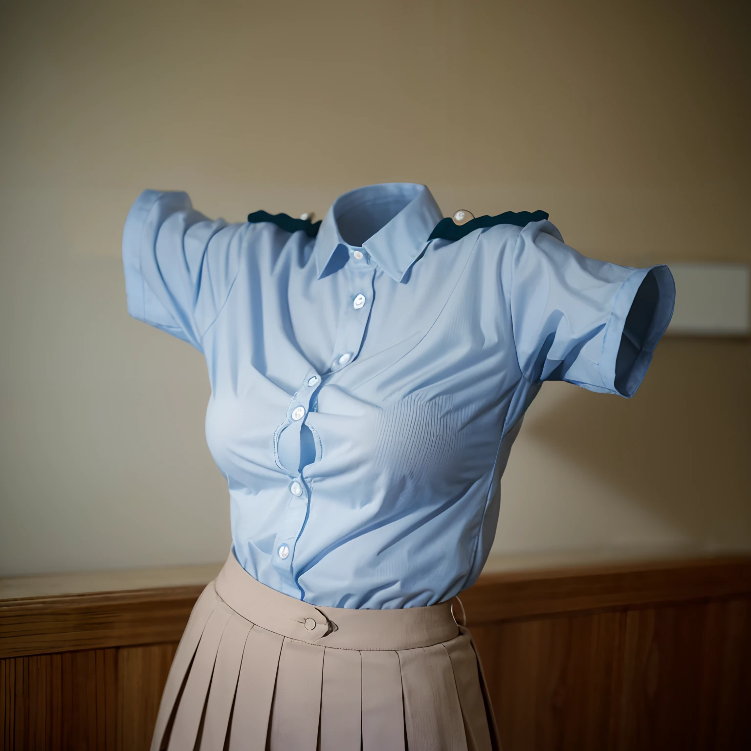 (girls' school blouse) , (school blouse swells as if worn by invisible girl:1.7),((invisible, no humans:1.7, headless:1.7, handless, legless)), (big breasts:1.9),on bed, arms up,
(8k, RAW photo, best quality, masterpiece:1.7), (realistic, photo-realistic:1.8),photon mapping, radiosity, ((Hasselblad photography)),physically-based rendering,