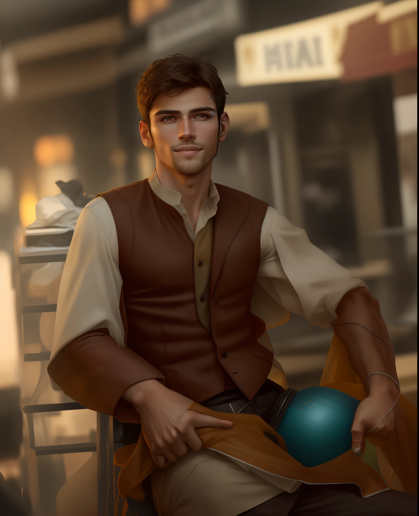 Cinematic soft lighting illuminates a handsome Brazilian male model with stunning detail and ultra-realistic,Wear only one vest,Full body photo of the front,Handsome look,Messy short brown hair,Clear honey eyes,Charming perfect smile,Raised sexy,Hot man,Insanely Handsome,This is the trend on the ArtStation。The Octane is the perfect tool to capture the softest details of this 16k photographic masterpiece。