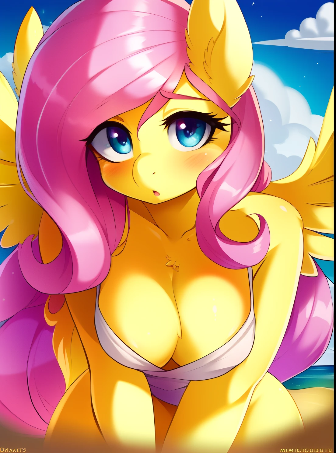 ((derpibooru_p_95)), fluttershy, solo, anthro,((best quality)), ((highly detailed)), masterpiece, (detailed eyes, deep eyes), (1girl), dynamic angle, cowboy shot, mlpfluttershy, pink hair, hair ornament, blue eyes, slight smile, yellow fur, anthro, mlp furry, nsfw, ecchi, medium breasts, puffy cheeks