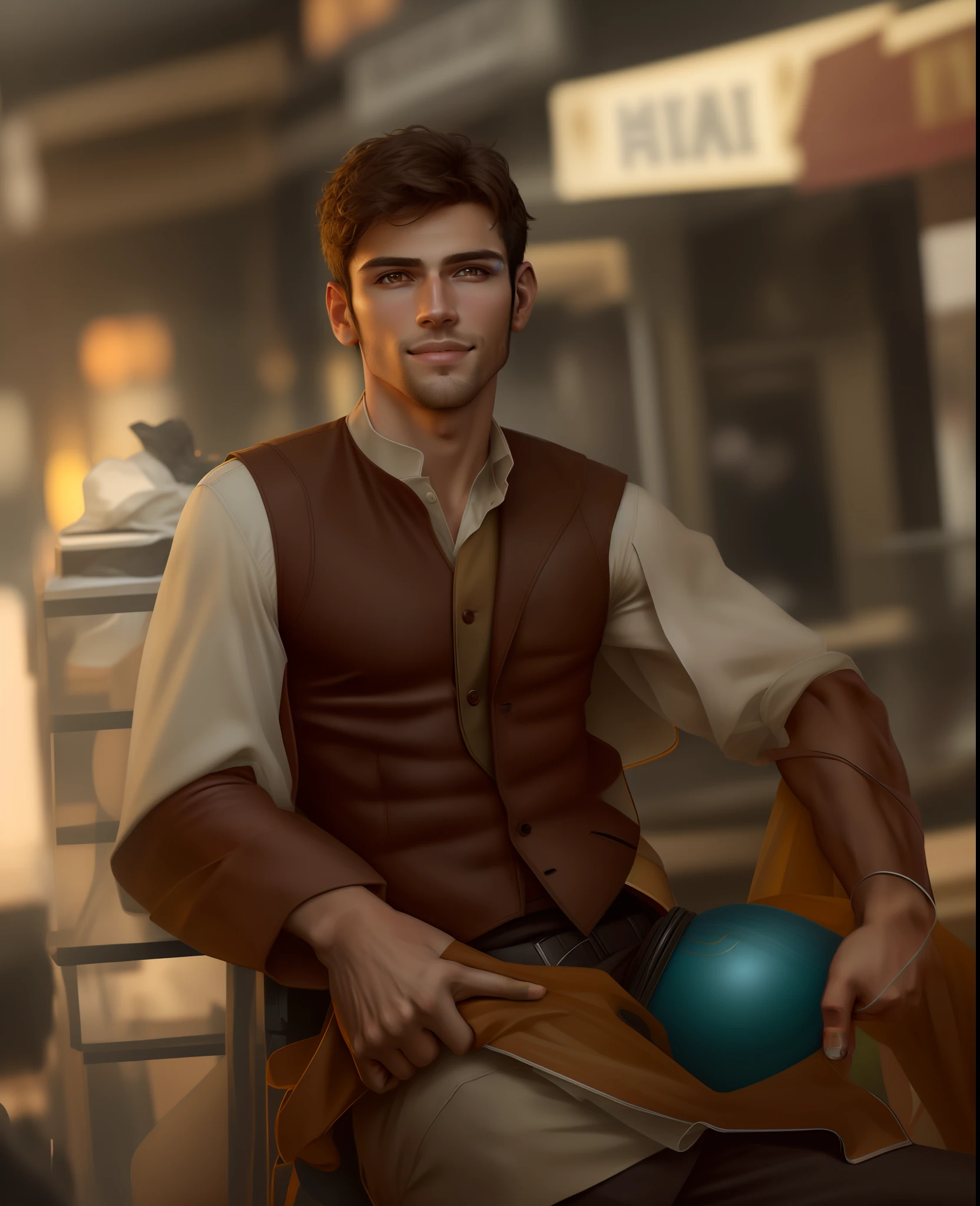 Cinematic soft lighting illuminates a handsome Brazilian male model with stunning detail and ultra-realistic,Wear only one vest,Full body photo of the front,Handsome look,Messy short brown hair,Clear honey eyes,Charming perfect smile,Raised sexy,Hot man,Insanely Handsome,This is the trend on the ArtStation。The Octane is the perfect tool to capture the softest details of this 16k photographic masterpiece。