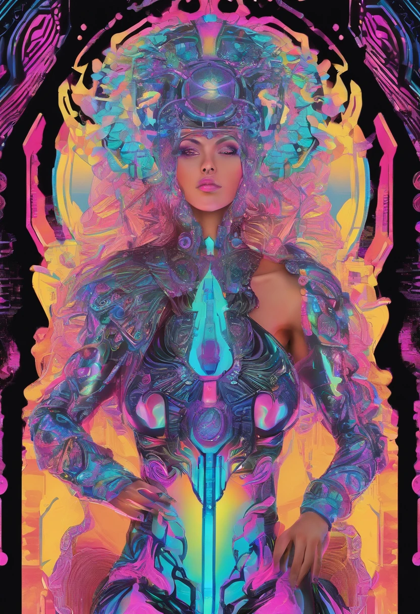 rococo late baroque queen wearing a blacklight mirrored LED lit neon Trippy Psytrance Blacklight UV reactive gear and attire light strobe lights led lights