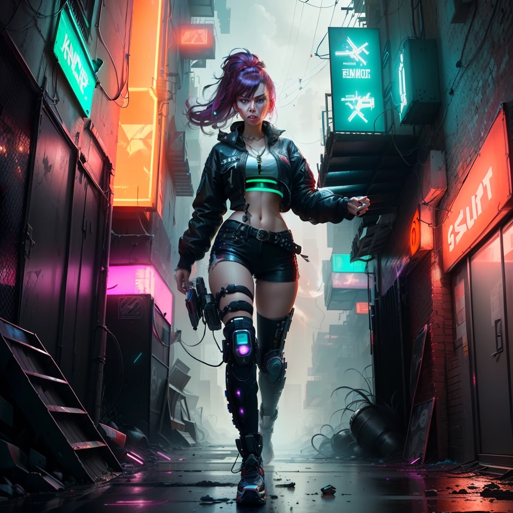 Fearless Juri Han fiercely clashes with her opponent in a dystopian cyberpunk setting, featuring towering holographic billboards, dark alleyways, flickering neon lights, and hovering drones, emanating futuristic, gritty, intense, adrenaline-pumping, and explosive vibes, realistic, intricate details