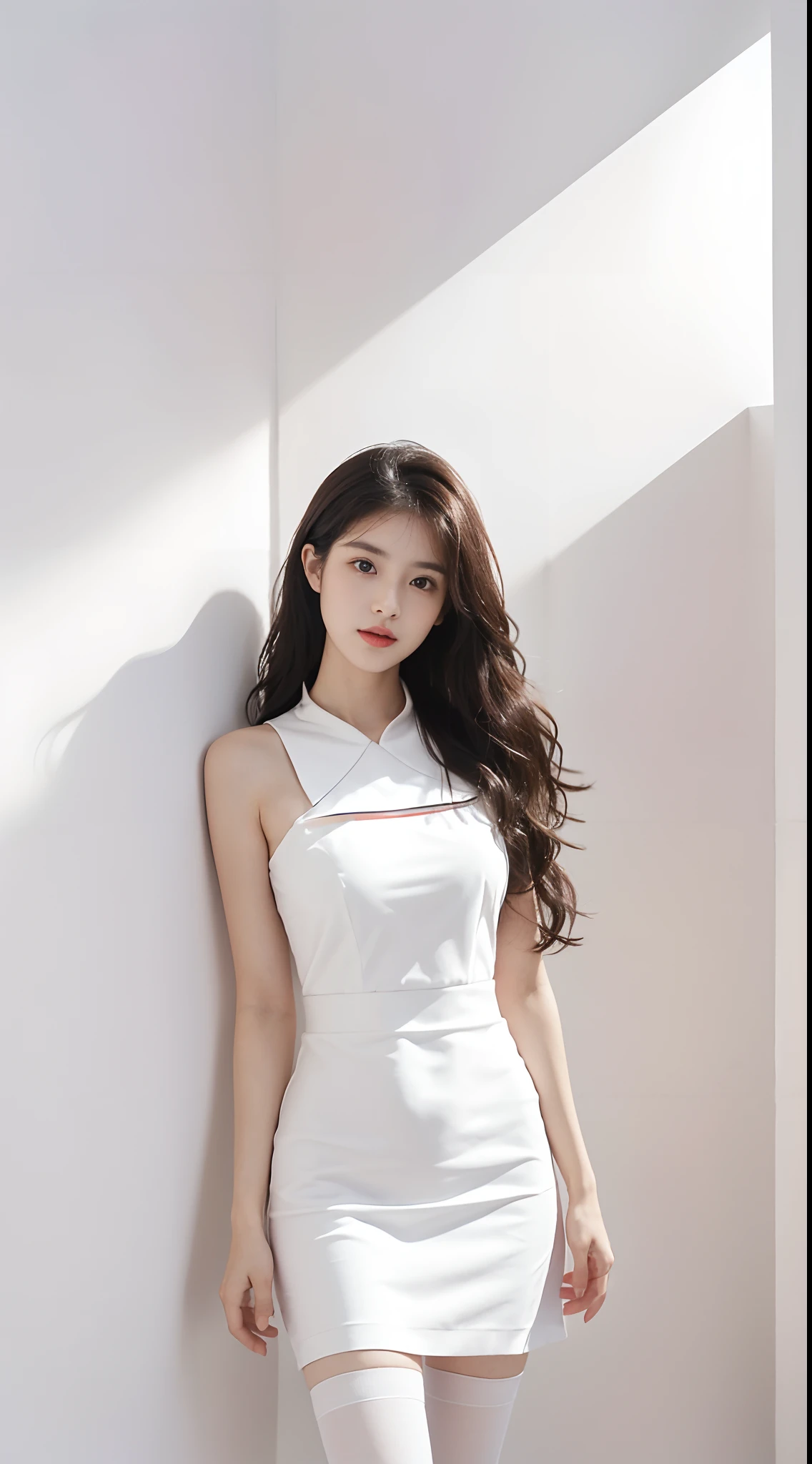 best qualityer,Frontal photo,deep in the night,A perfect young female white-collar worker,Chinese big breasts,High picture quality,Works of masters,Black hair,Long hair shawl,Long hair flowing over the shoulders,Beach wave hairstyle,cropped shoulders,鎖骨,exquisite face,Hydrated red lips,Red little new student uniform,pleatedskirt,The model has a natural hairstyle,Fresh makeup,The dress color is red、Light purple predominates,Use flowers、Straw hats and other accessories,white stockings,Real Human,the night,(White interior wall background:1.5),CG rendering,16k,Stand up,Stand naturally,Place your hands on either side of the Pope,raised head,up chest,The eyes naturally look at the camera,Empty interior,Do not show your hands,Close-up shot