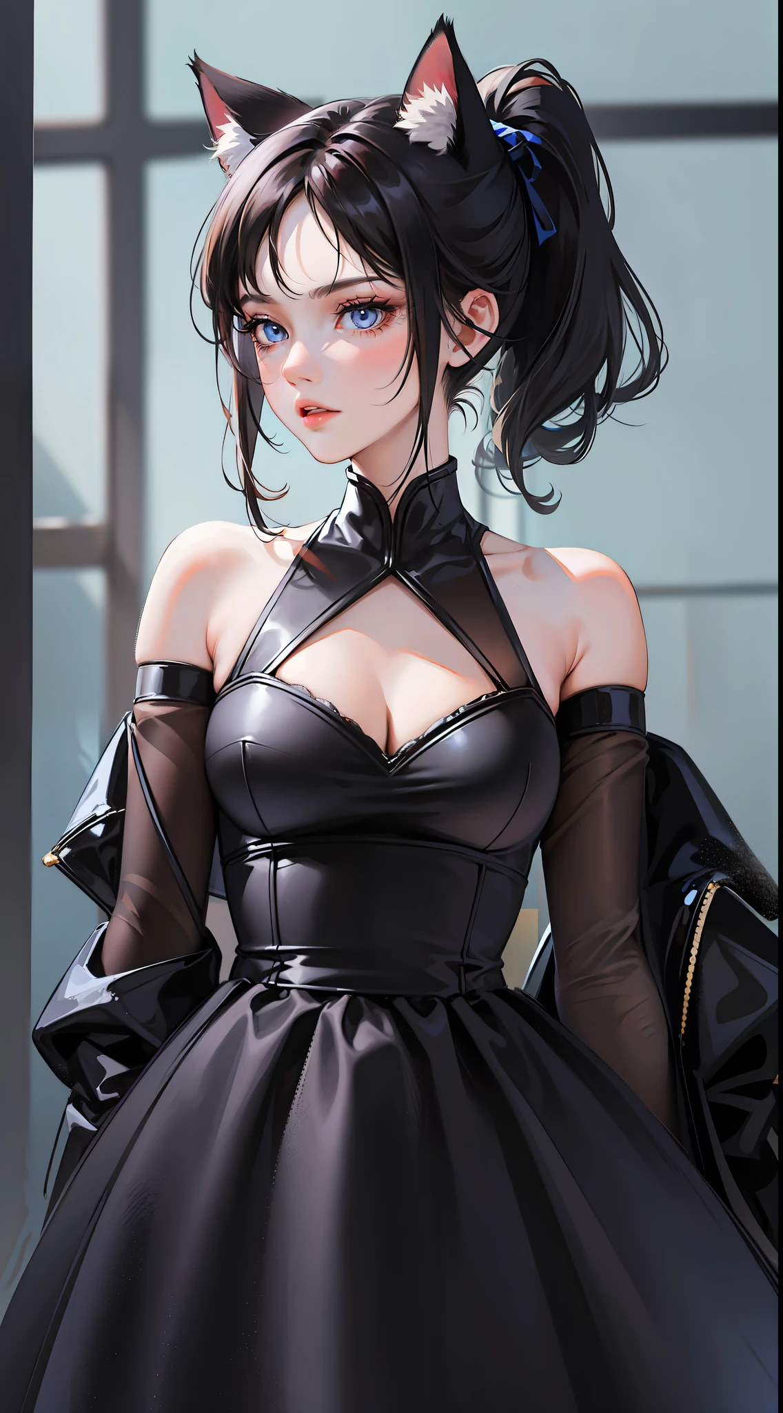 Adult girl, short black hair, high ponytail, blue eyes, cat ears, dark dress, open shoulders, stern look, masterpiece, high quality