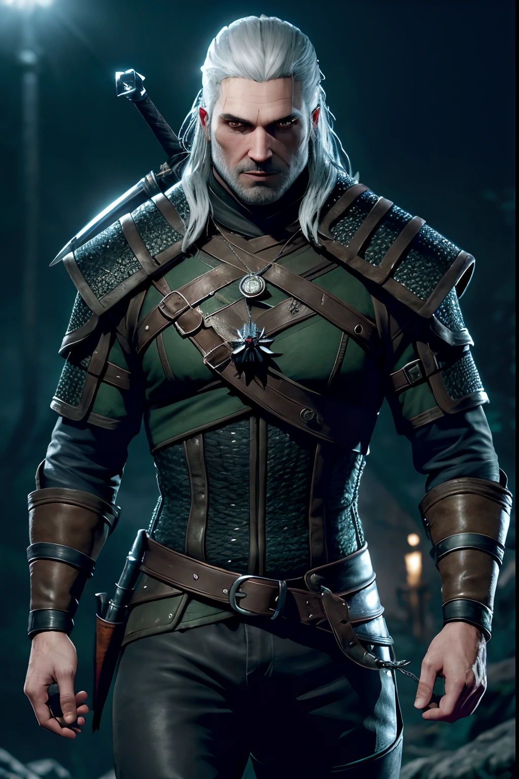 The witcher 3, Gerald of rivia, realistically, dynamic lights, old, full footage, black and silver costumes, a silver pendant in wolf shape, (extremely detailed 8k wallpaper of the CG unit), imposing pose, perfect hands, four fingers and a thumb, trend in ArtStation, trend in CGSociety, high detail, sharp focus, dramatic, photorealistic.