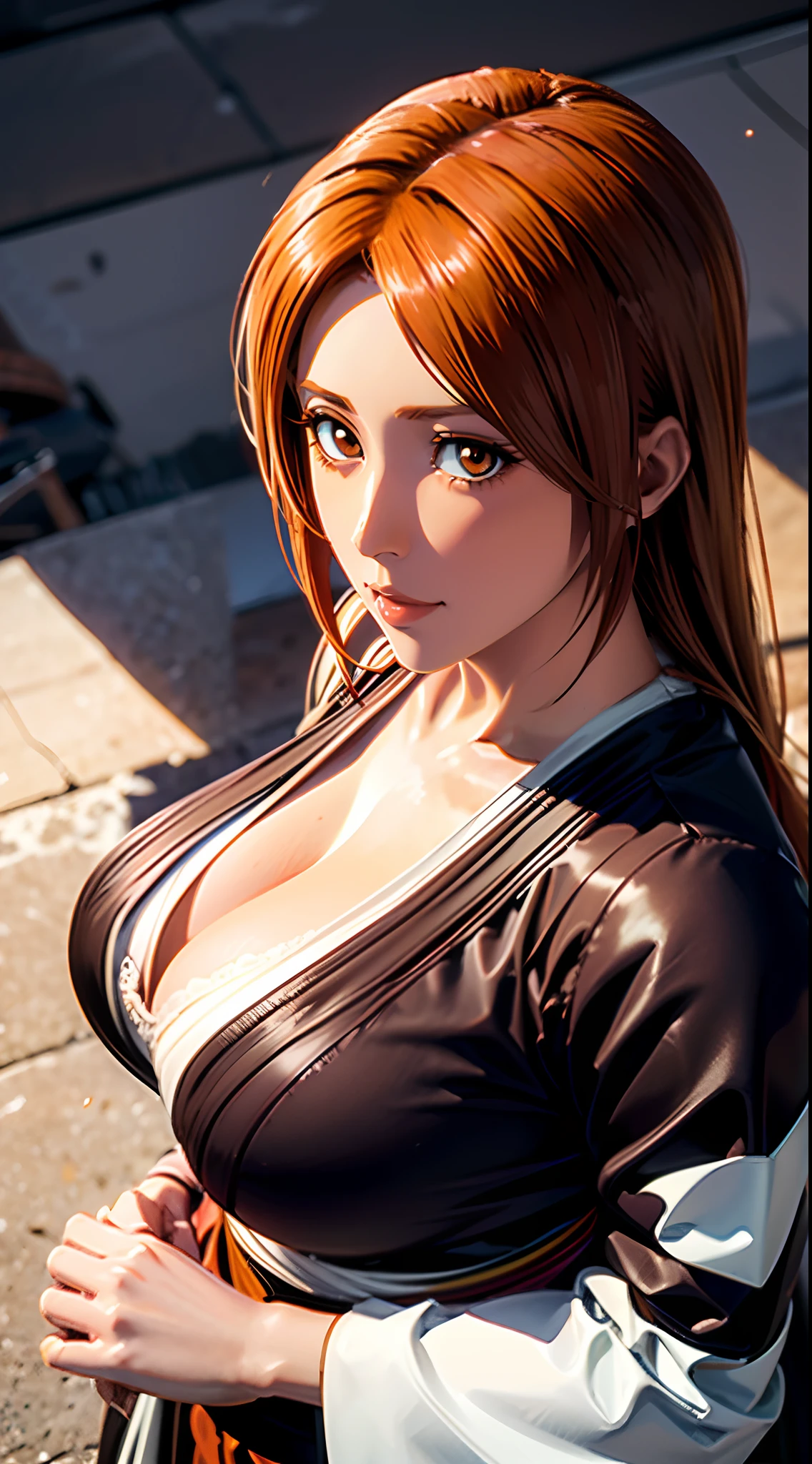 （（（Orihime，Orihime,Orihime,inoueorihime, By bangs，Long hair， Orange hair, (Brown eyes:1.5),Light and shadow interlace，with brown eye， looking at viewert, There is light in the eyes，Orange hair，Hair decoration，laughingly，self-assured，ssmile）））