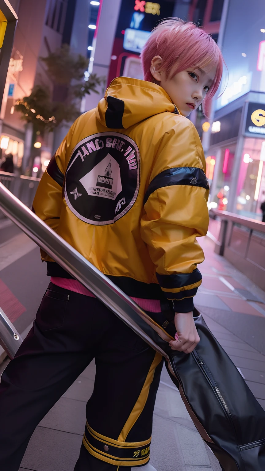 1guy,Ling stred punk,yellow jacket,short hair,pink hair,realistic,ultra detail,70mm lens,