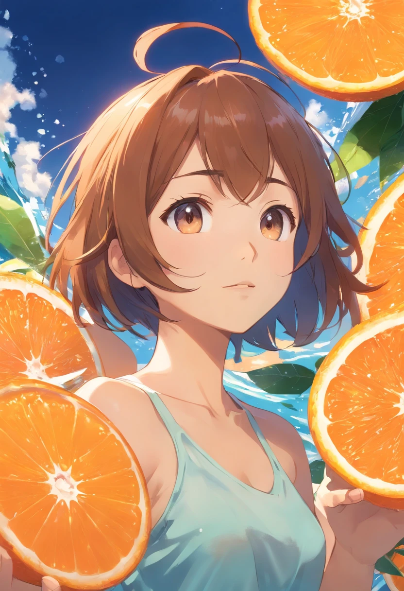 Close up de uma garrafa de suco de laranja no fundo branco, Azul-laranja, refrescante, Daoshu, Sprite, Soda, jia, orange mist, laranja extremamente coerente, lu ji |, tang mo, laranja, amargo, orange apple, Qianshu, inspirado em Tang Di, Goto Fujita, Dia de Tian, Menina de cabelo laranja